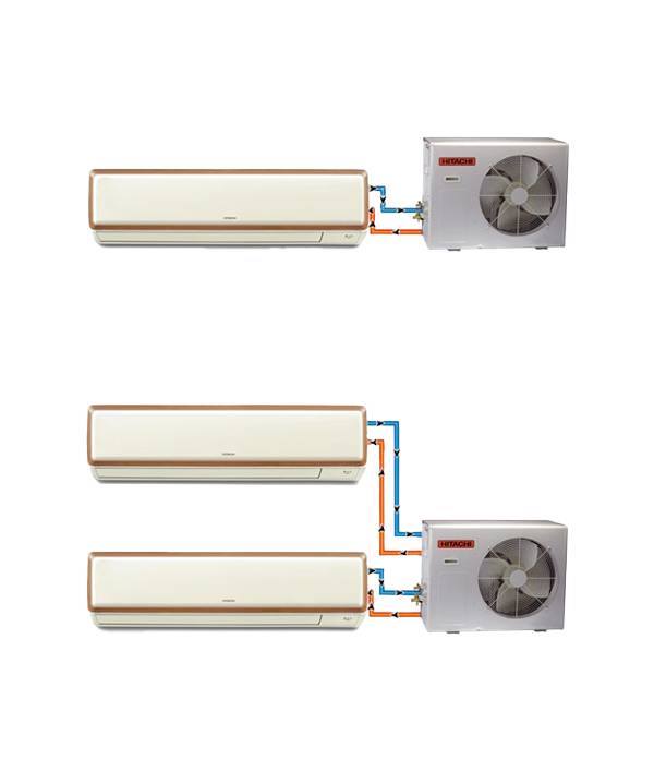 voorbeeld van single- (boven) en mult- (onder)split airconditioningsysteem